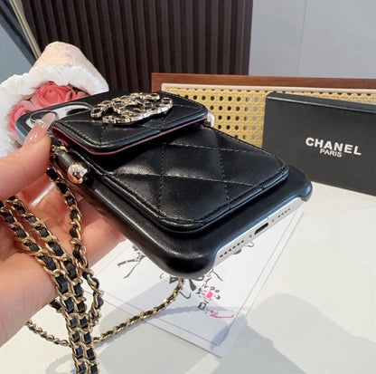 Chanel Style Quilted Leather Phone Case with Crossbody Chain & Card Pocket