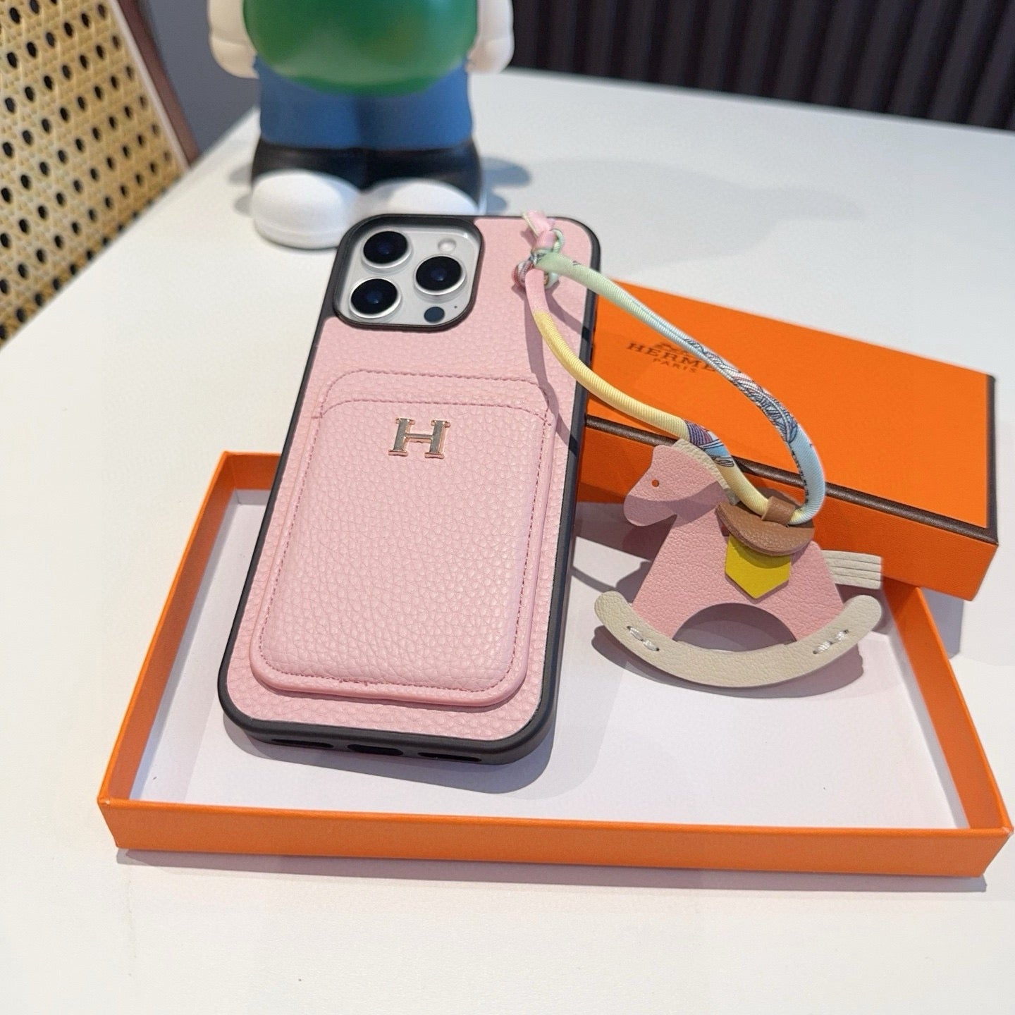 Hermès Style Luxury Leather Card Holder Phone Case | Wrist Strap & Horse Charm