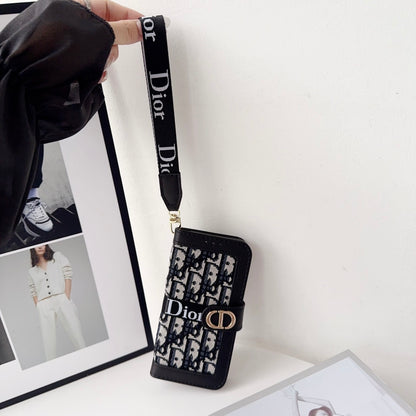 Dior Oblique Monogram Flip Wallet Phone Case With Brand Wrist Strap