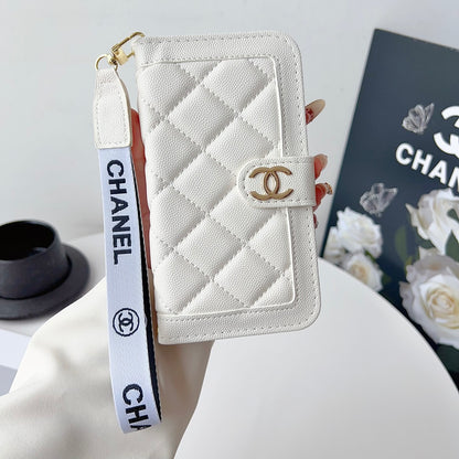 Chanel Style Diamond Quilted Leather Flip Wallet Phone Case with Wrist Strap