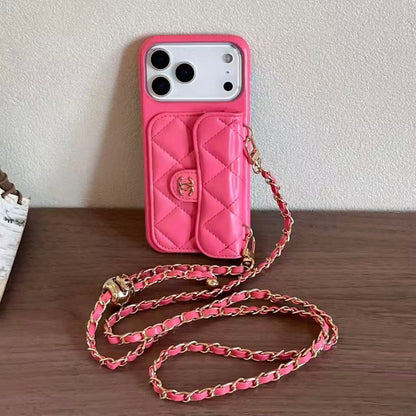 Chanel Style Quilted Wallet Phone Case With Adjustable Chain Crossbody Strap