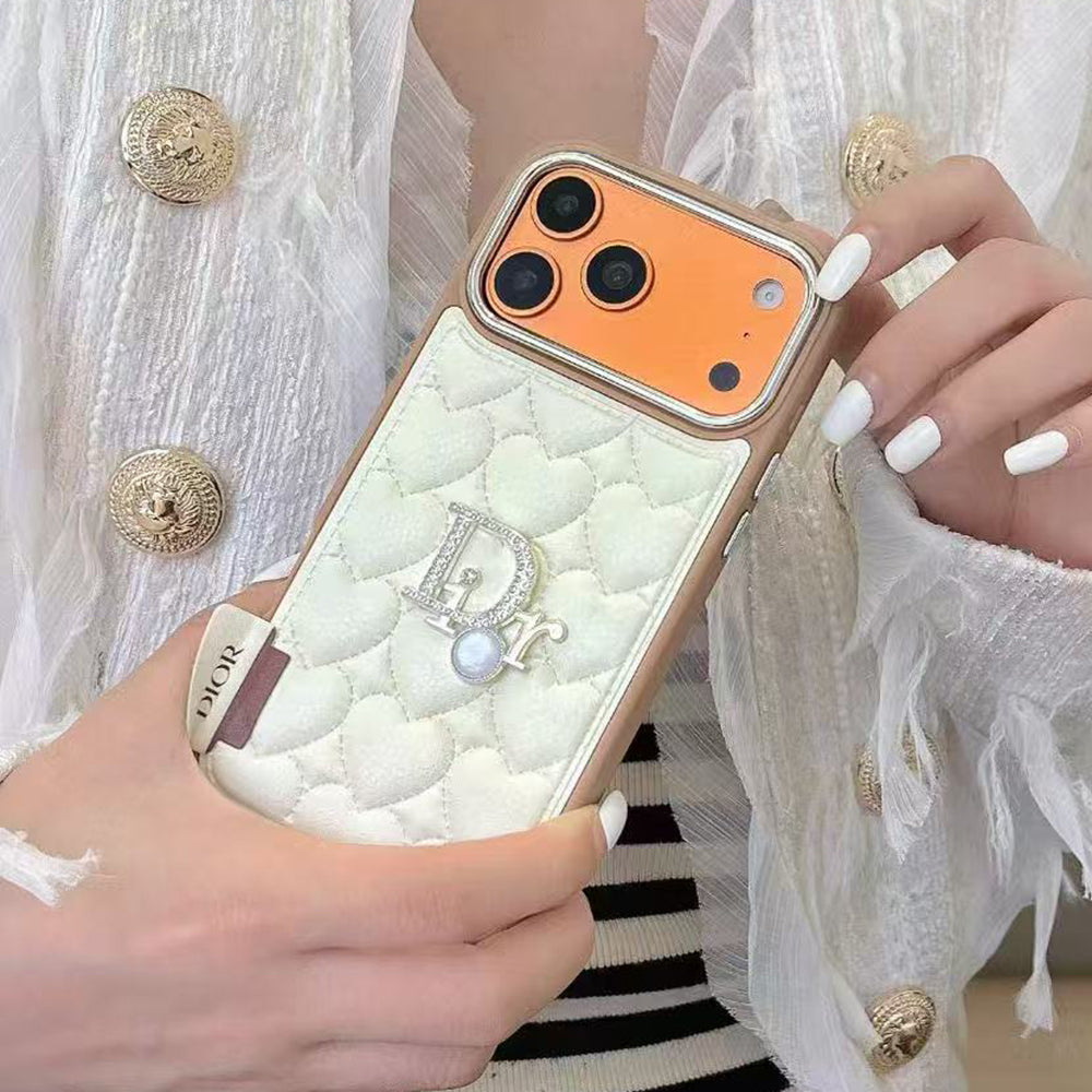 Dior Heart Quilted Leather Rhinestone Logo Luxury Electroplated Frame Phone Case