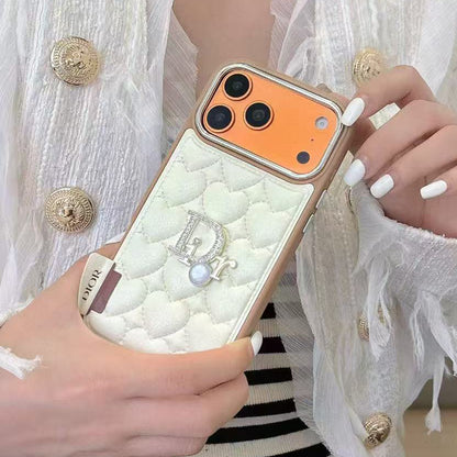 Dior Heart Quilted Leather Rhinestone Logo Luxury Electroplated Frame Phone Case