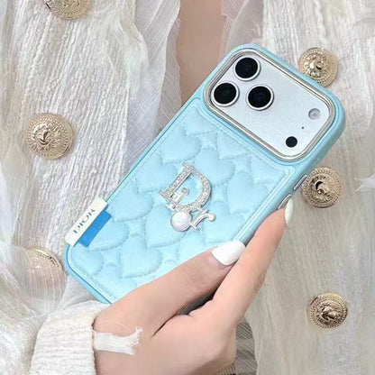 Dior Heart Quilted Leather Rhinestone Logo Luxury Electroplated Frame Phone Case