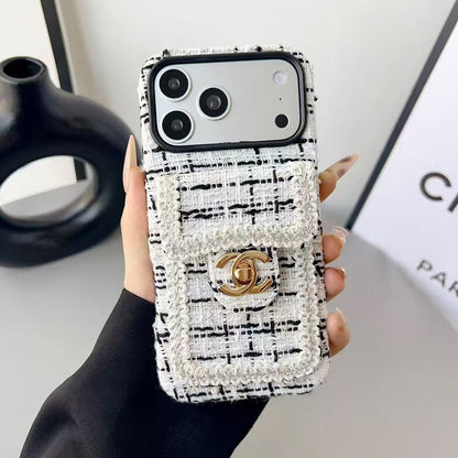 Chanel Style Tweed Quilted Card Holder Wallet Luxury Phone Case