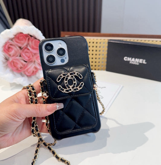 Chanel Style Quilted Leather Phone Case with Crossbody Chain & Card Pocket