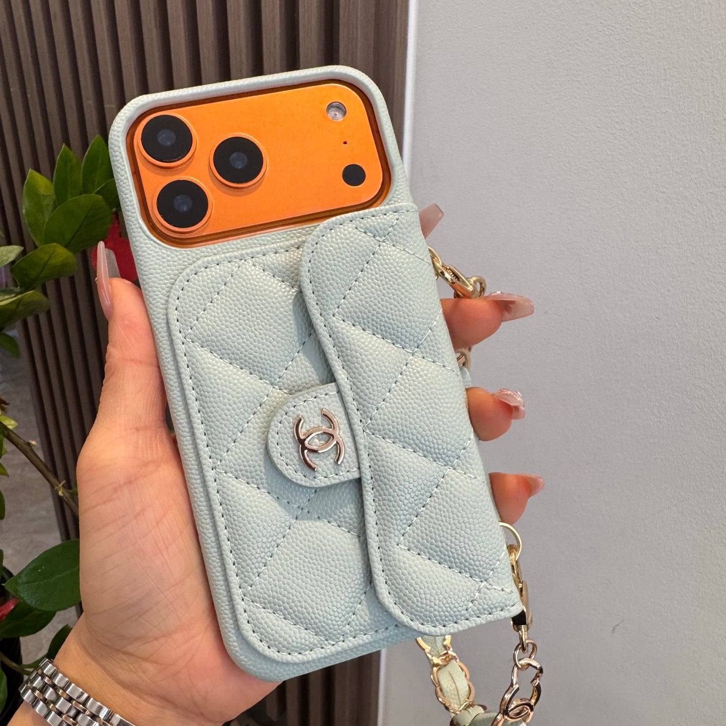 Light Blue Chanel Style Quilted Caviar Leather Card Slot Chain Strap Luxury Phone Case