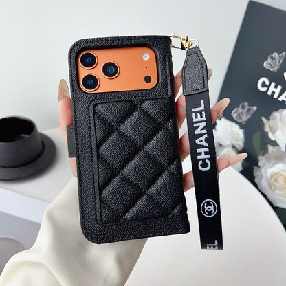 Chanel Style Diamond Quilted Leather Flip Wallet Phone Case with Wrist Strap