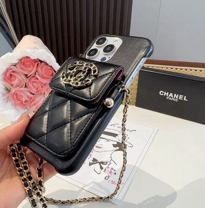 Chanel Style Quilted Leather Phone Case with Crossbody Chain & Card Pocket