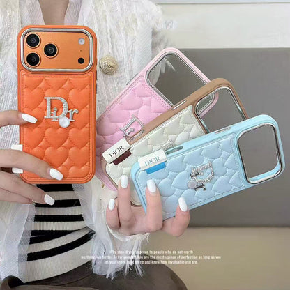 Dior Heart Quilted Leather Rhinestone Logo Luxury Electroplated Frame Phone Case