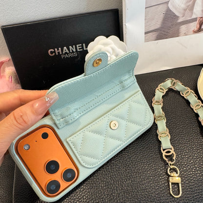 Light Blue Chanel Style Quilted Caviar Leather Card Slot Chain Strap Luxury Phone Case