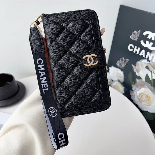 Chanel Style Diamond Quilted Leather Flip Wallet Phone Case with Wrist Strap