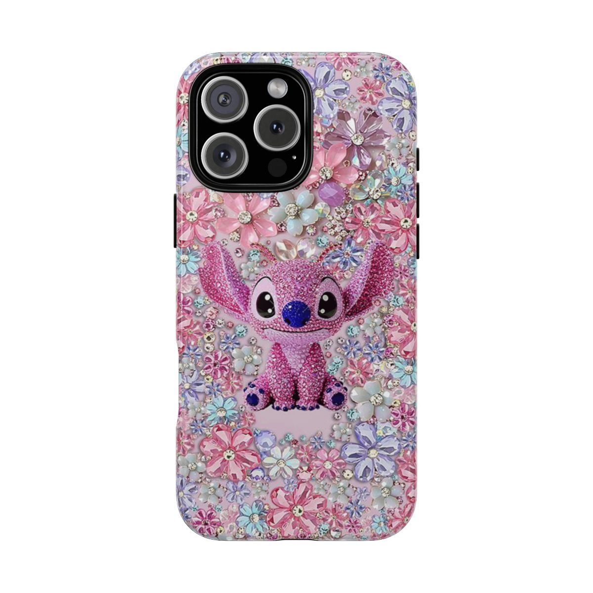 Adorable Stitch Inspired Floral Phone Case with Sparkling Crystals