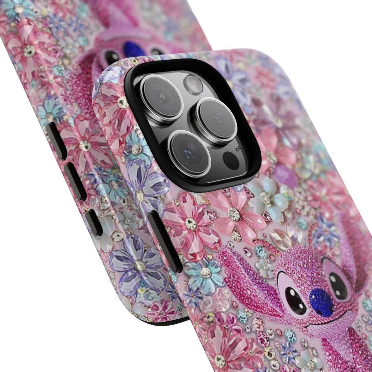 Adorable Stitch Inspired Floral Phone Case with Sparkling Crystals